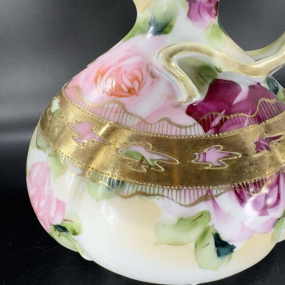 Antique Nippon Hand Painted Green Vase Pitcher Ewer Floral Gold Trim Porcelain - Picture 8 of 16